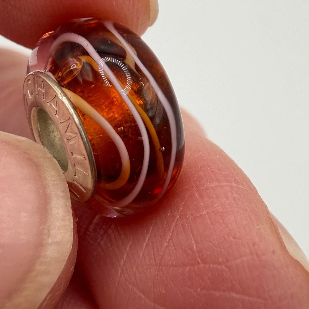 Chamilia 925‎ Sterling Silver Amber Murano Glass Swirl Stripe Charm Bead